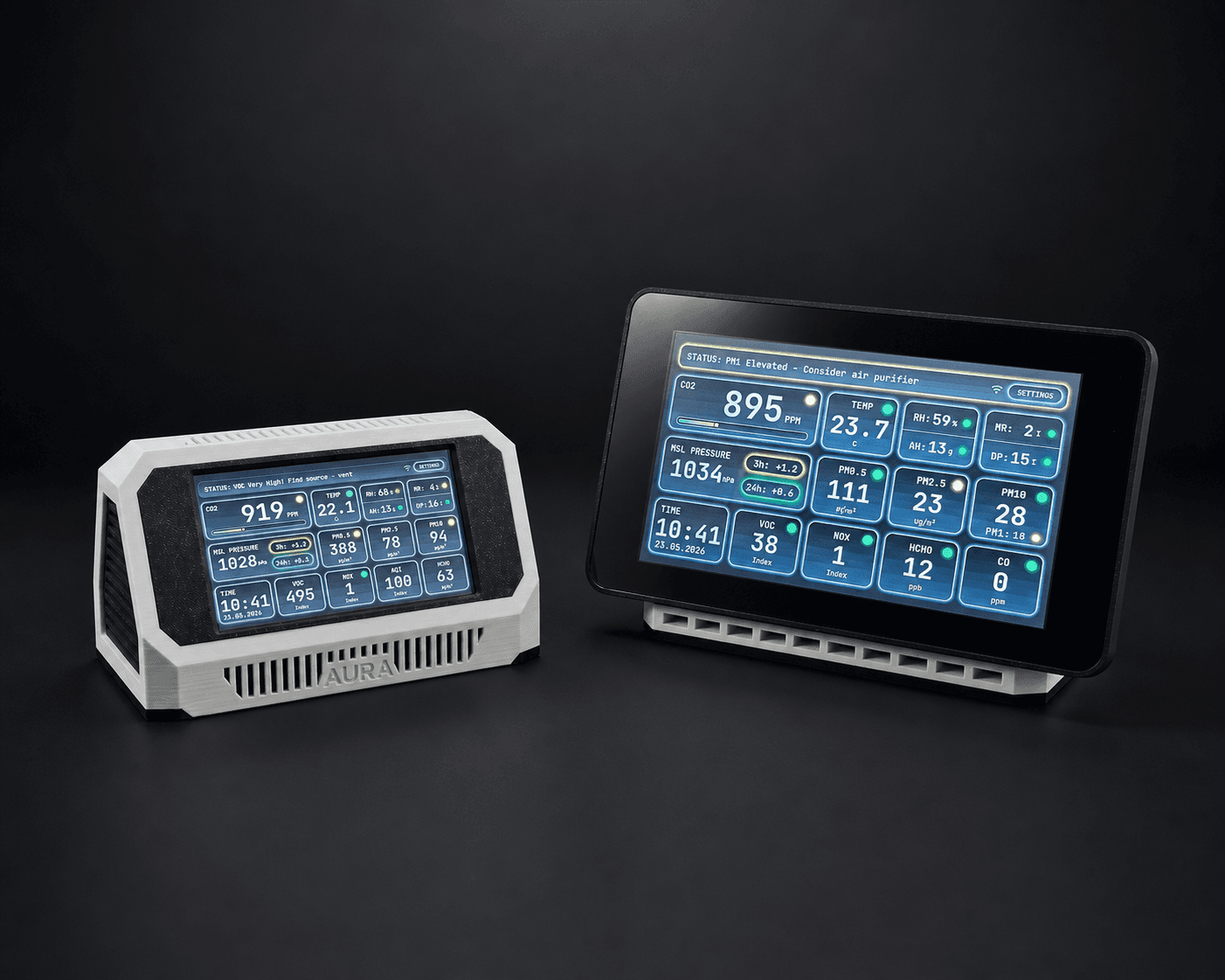 Aura AQ 4.3-inch and Aura XL 7-inch air-quality stations with live measurement dashboards
