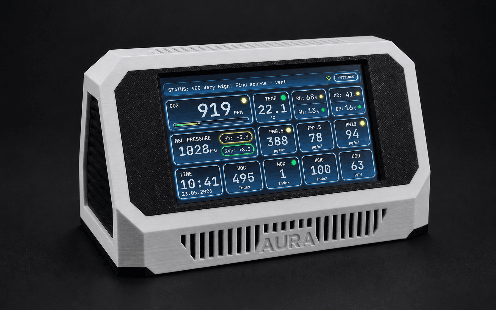 Aura AQ 4.3-inch station showing live air-quality readings and a VOC warning