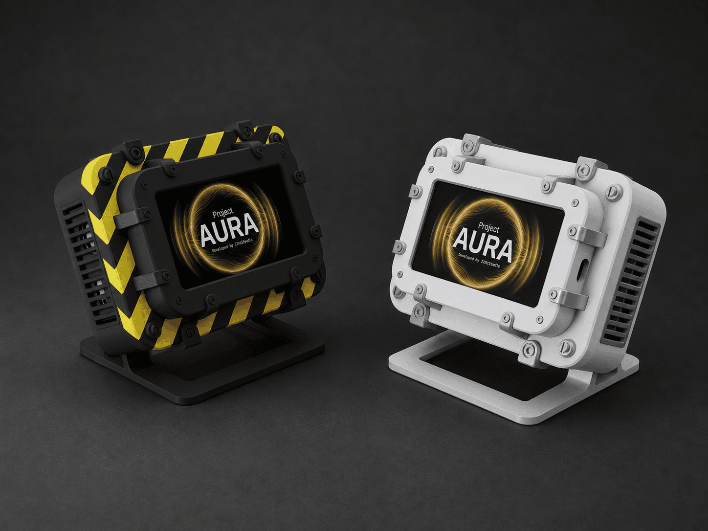 Black-and-yellow and white Industrial Aura AQ 4.3-inch enclosures