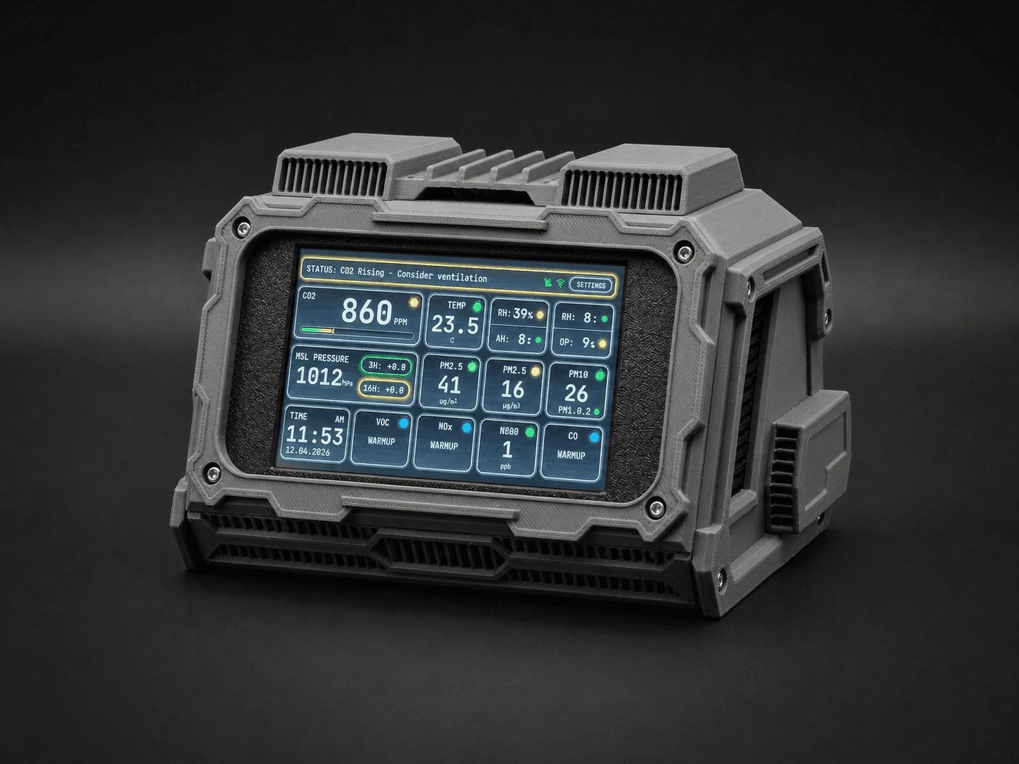 Grey Lunar Artifact Aura AQ 4.3-inch enclosure with its measurement screen on