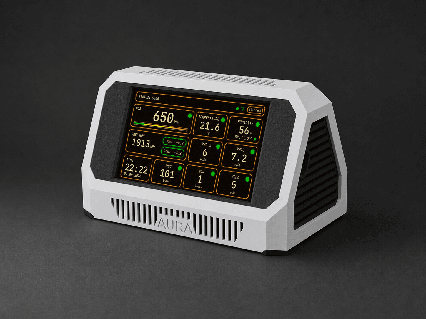 Original white Aura AQ 4.3-inch enclosure with its measurement screen on