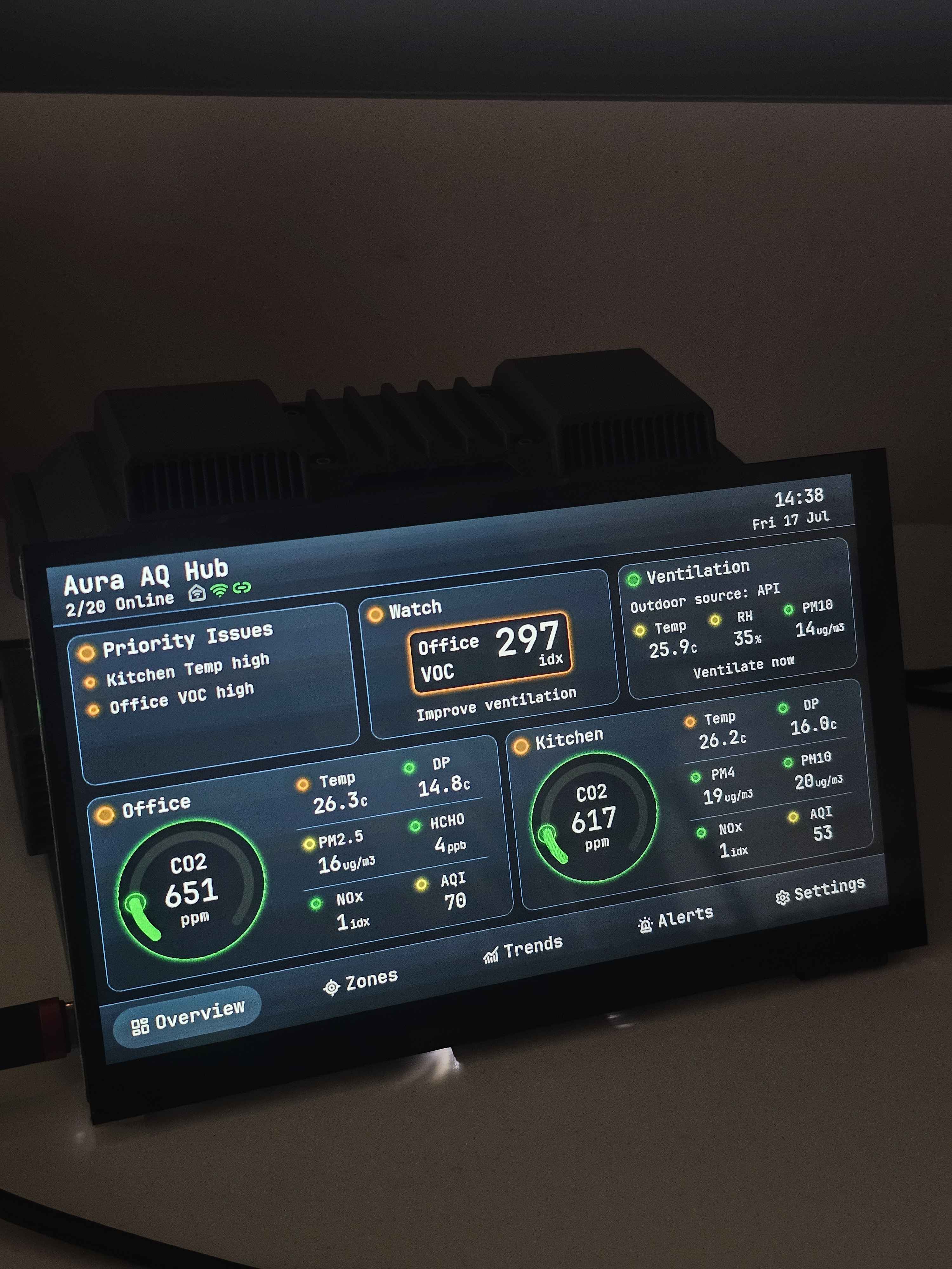 Early 7-inch Aura AQ Hub prototype showing real Office and Kitchen readings