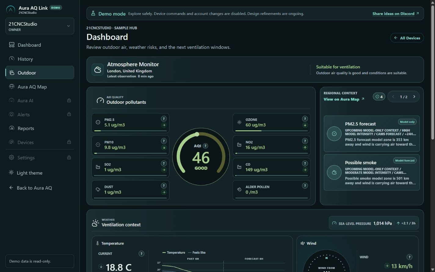 Aura AQ Link Outdoor view with pollutant readings, weather and ventilation guidance