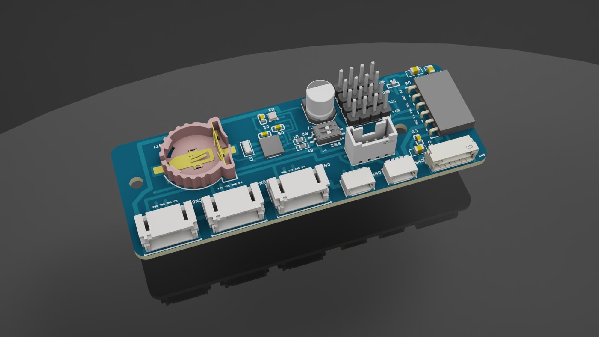 Three-quarter render of the Project Aura AQ Sensor Hub PCB v1.1