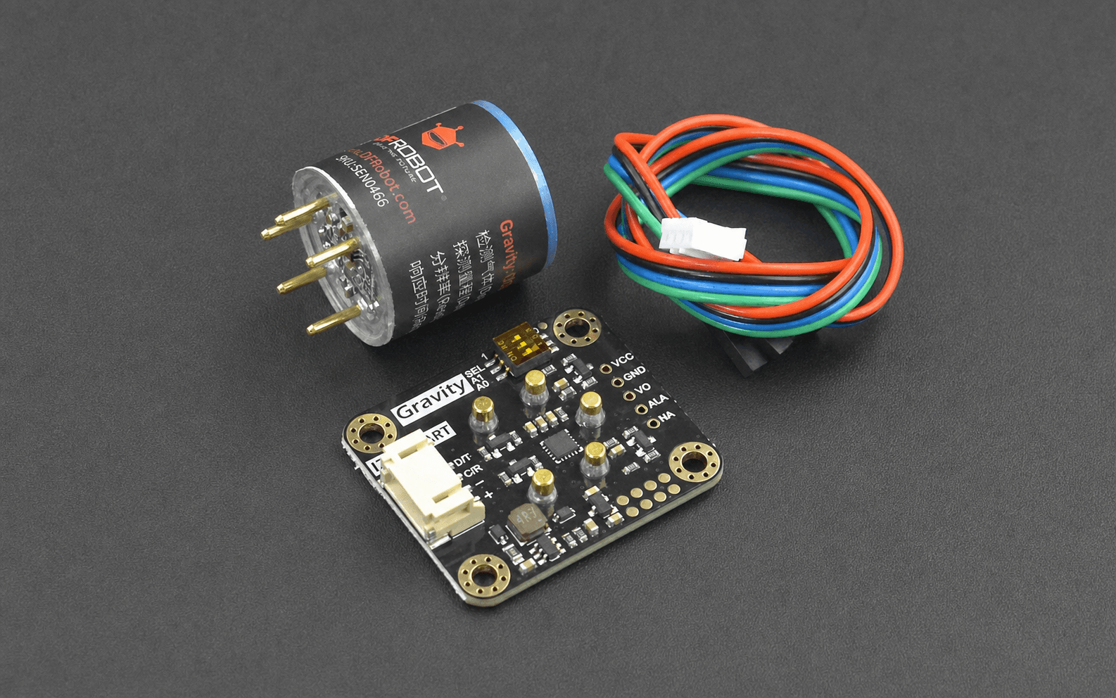DFRobot SEN0466 electrochemical carbon monoxide sensor, interface PCB and cable