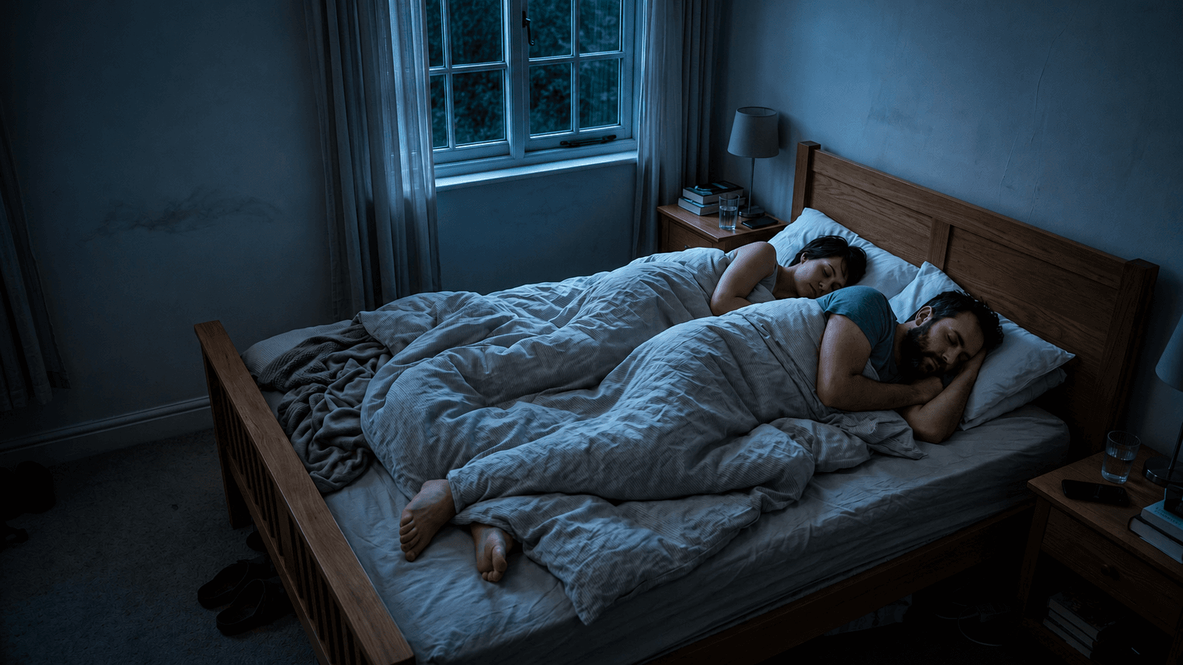 A closed bedroom with an unmade bed just before sunrise