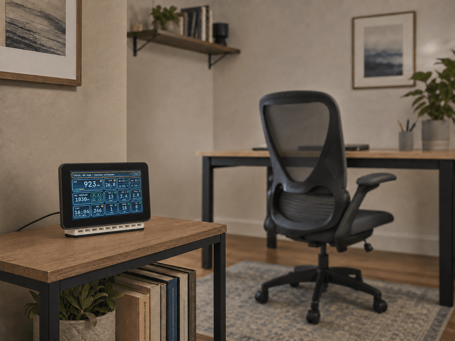 Aura AQ air-quality monitor placed on a side table beside a home-office workspace