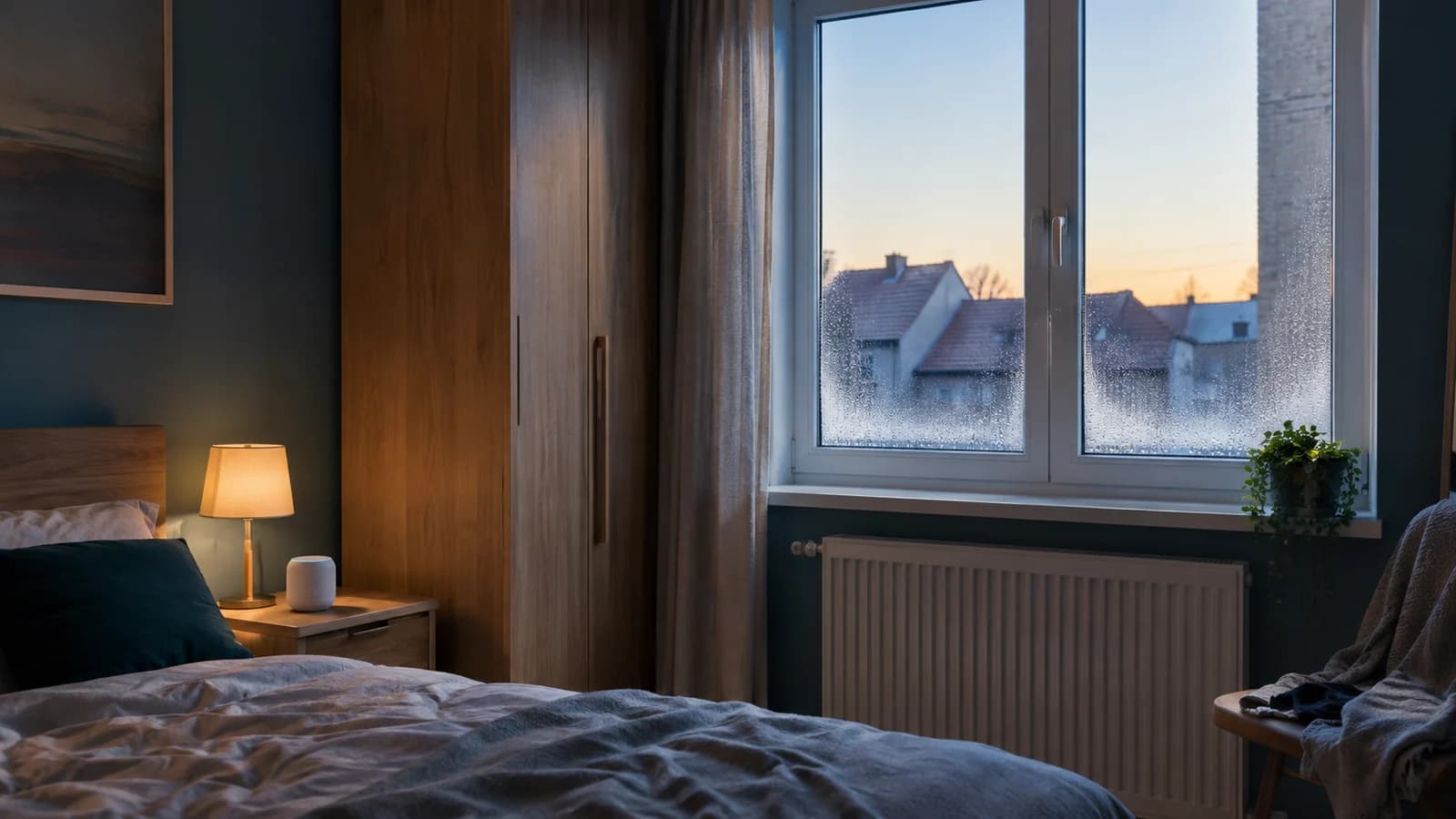 Bedroom with a narrow band of condensation on a cold window beside a warmer room interior
