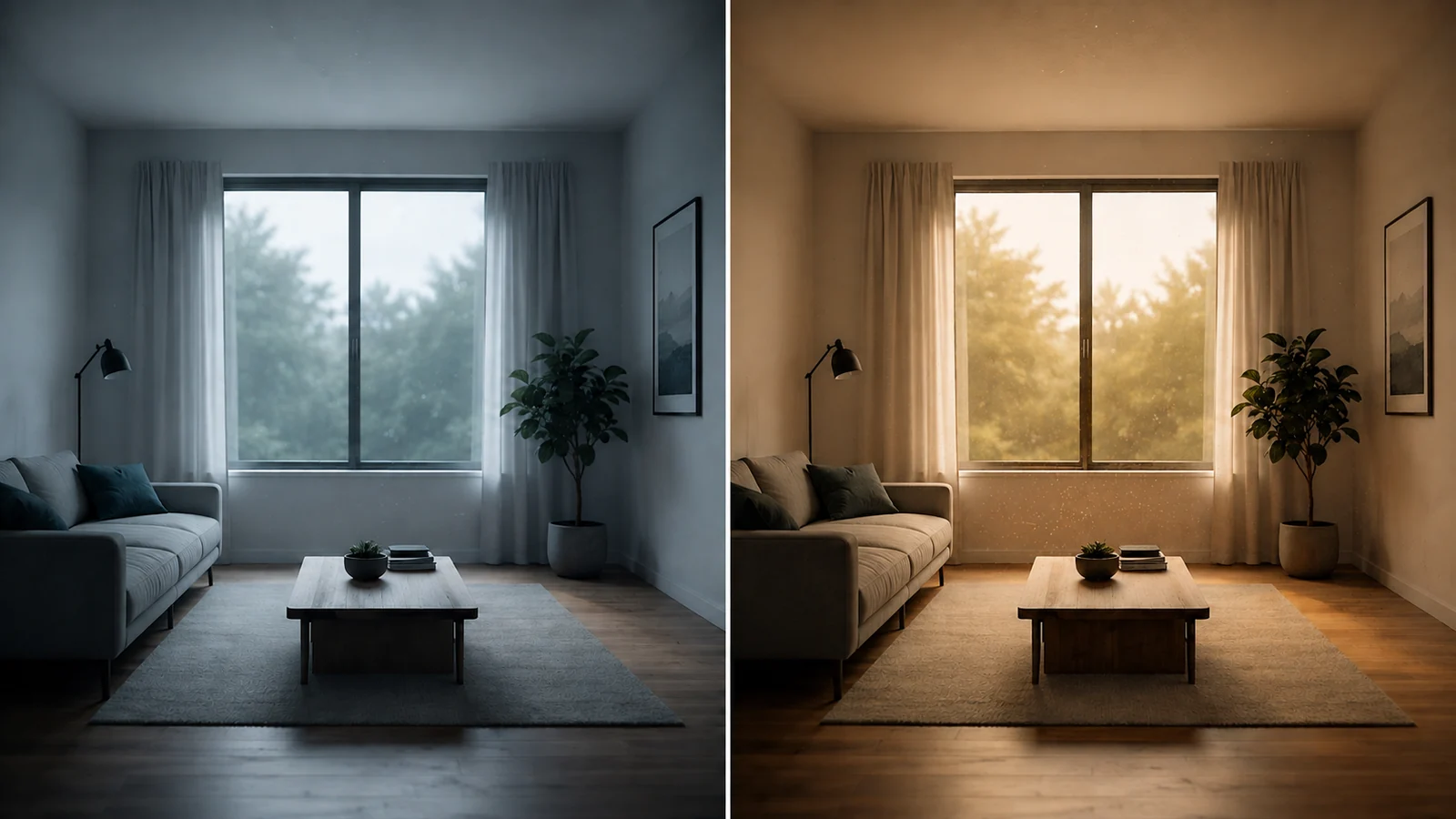 The same living room shown cool at 18°C and warm at 28°C to illustrate how 50% RH can contain different amounts of water vapour