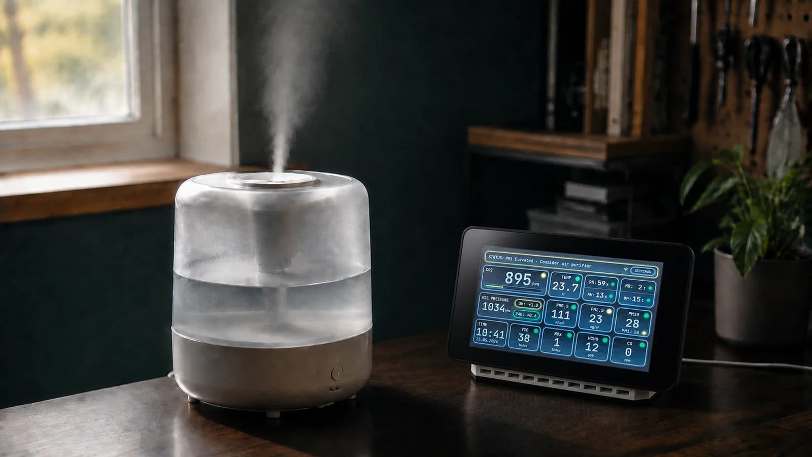 Ultrasonic humidifier operating beside a seven-inch Aura AQ indoor air-quality monitor