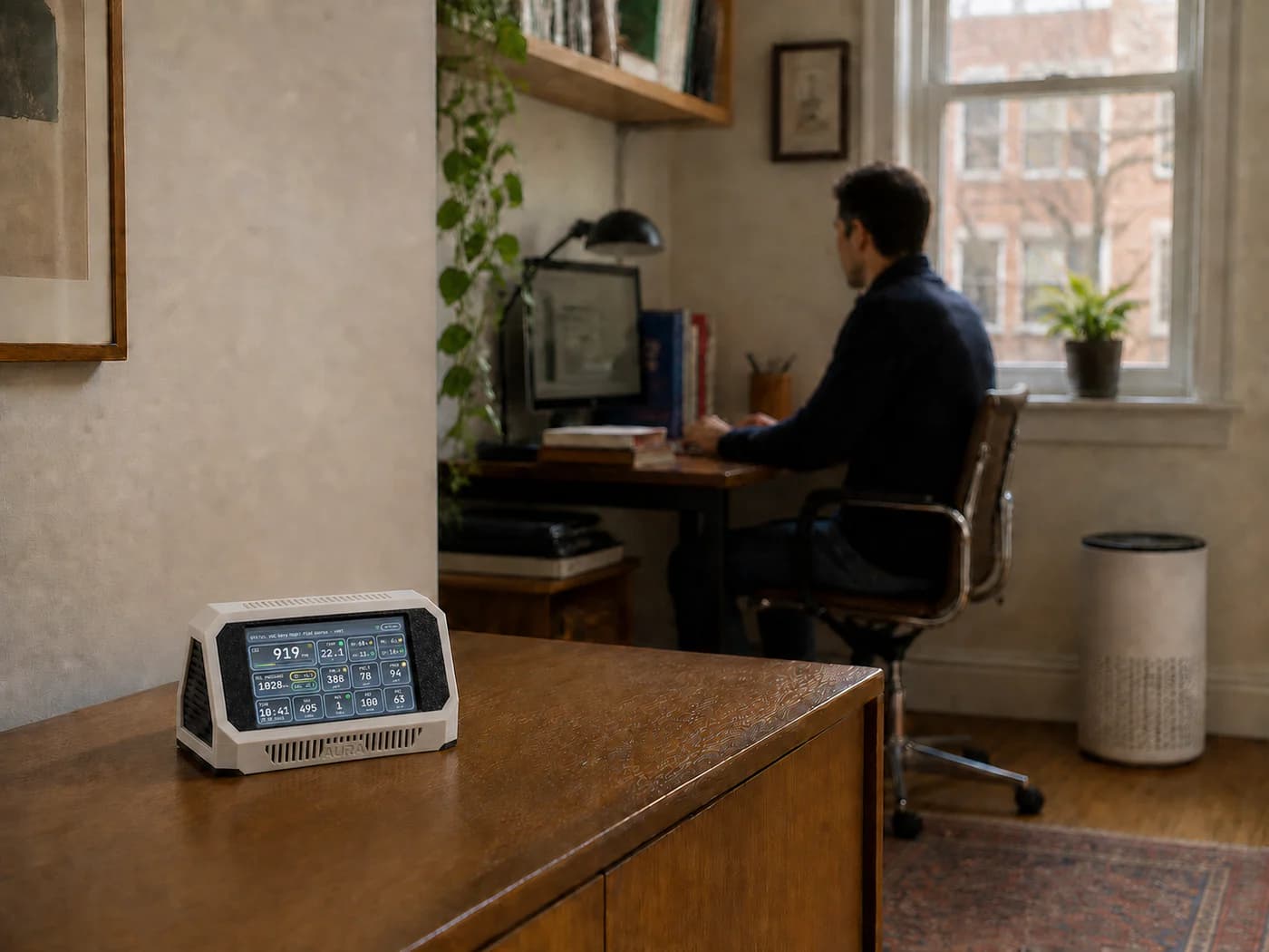 Aura AQ on an open wooden cabinet in a home office, positioned away from the seated occupant, window, radiator and air purifier