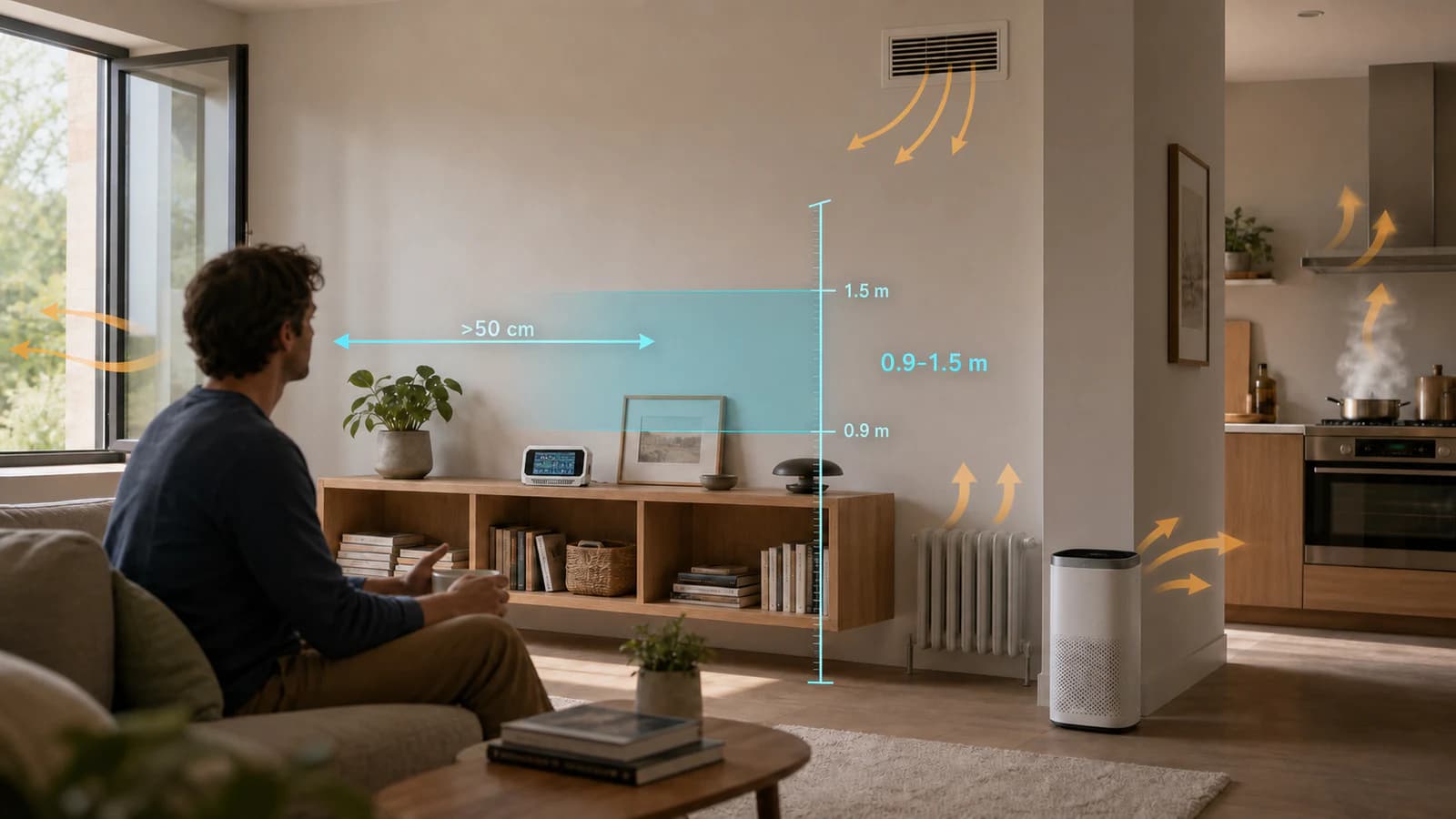 Aura AQ on an open shelf within a practical 0.9 to 1.5 metre placement zone, away from direct airflow and more than 50 centimetres from a seated person
