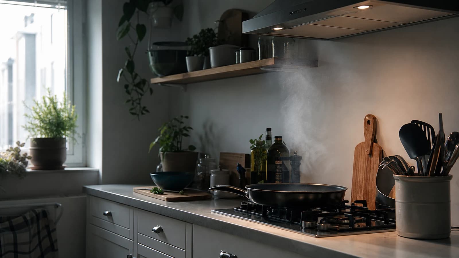 A subtle cooking haze rising from a frying pan beneath a kitchen extractor hood