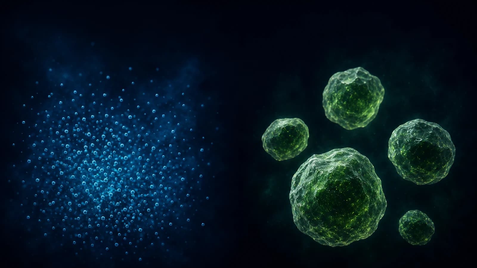 A dense cloud of tiny blue particles beside five much larger green particles, illustrating particle count versus mass per particle