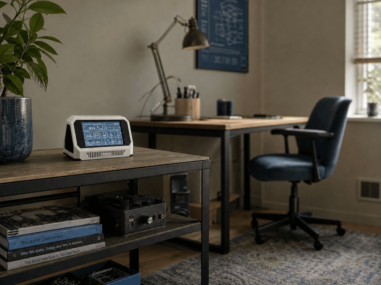 Aura AQ particle monitor on a side table in a home office, away from direct airflow and emission sources
