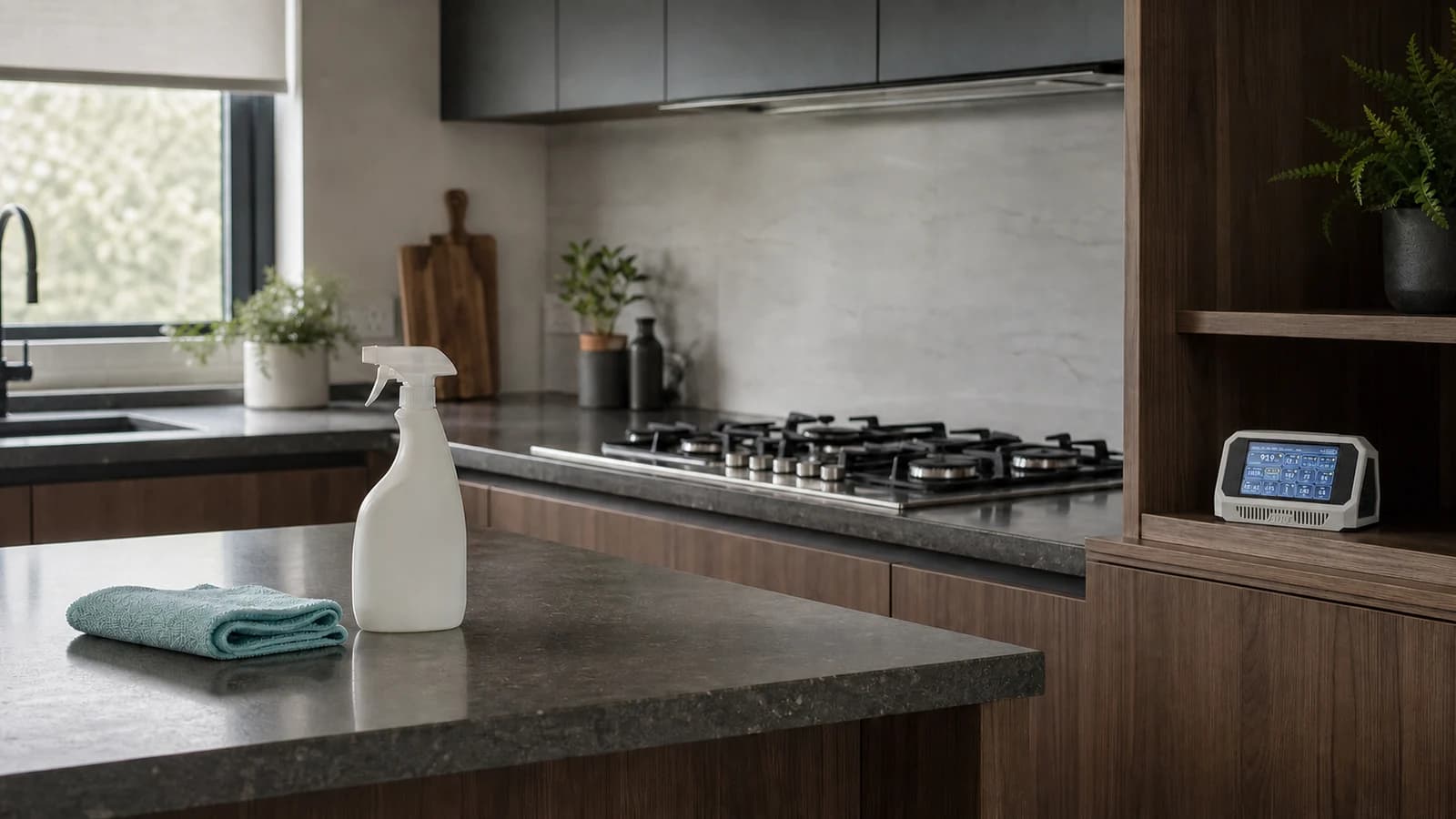 A cleaned kitchen with a spray bottle, switched-off gas hob and Aura AQ monitor