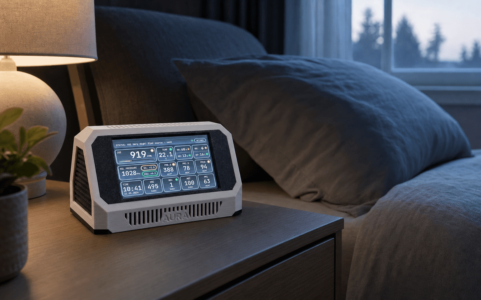 Aura AQ 4.3-inch air-quality monitor on a bedside table at dawn