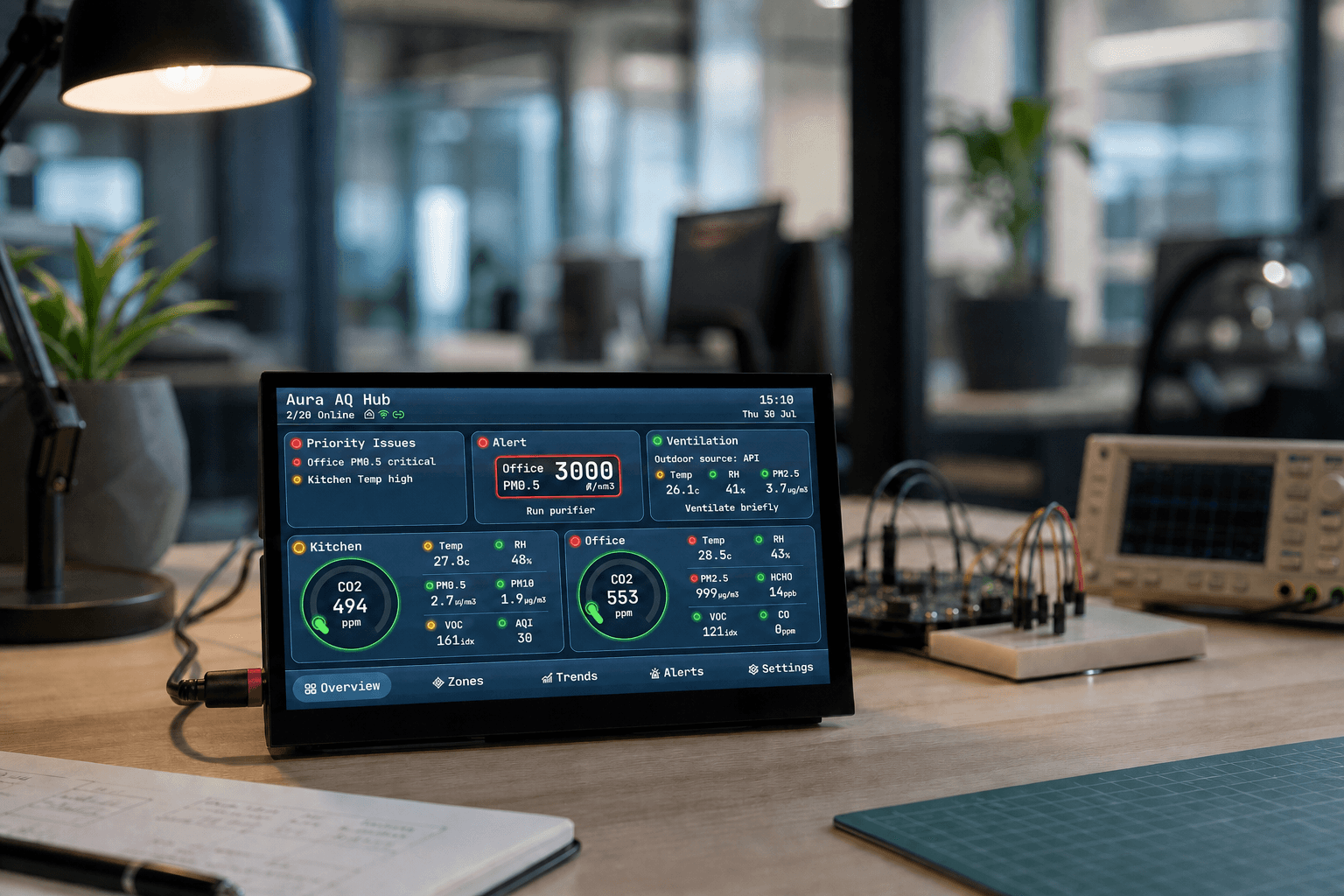 Aura AQ Hub touchscreen prototype showing air quality across two rooms