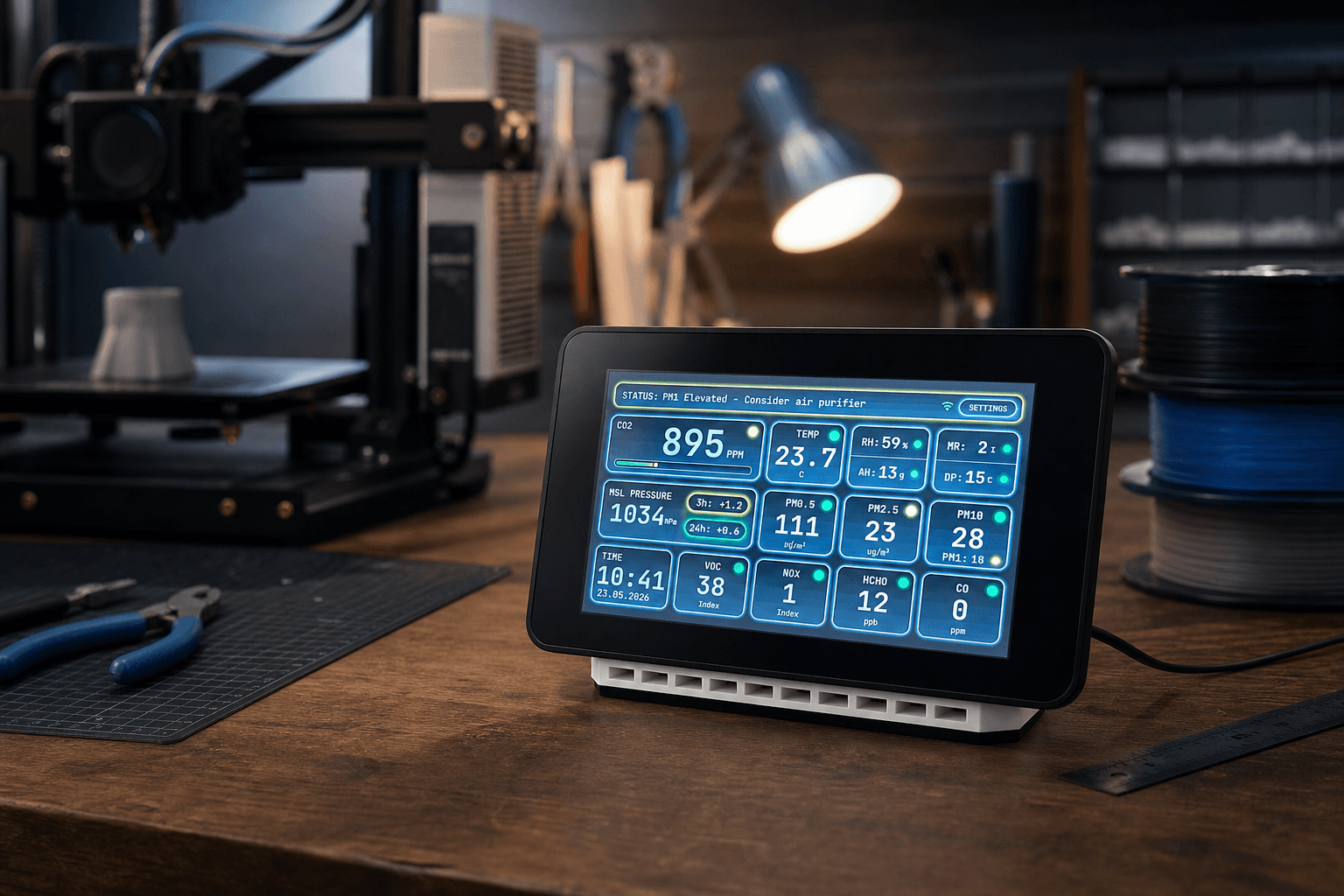 Aura AQ 7-inch air-quality monitor in an active 3D-printing workshop