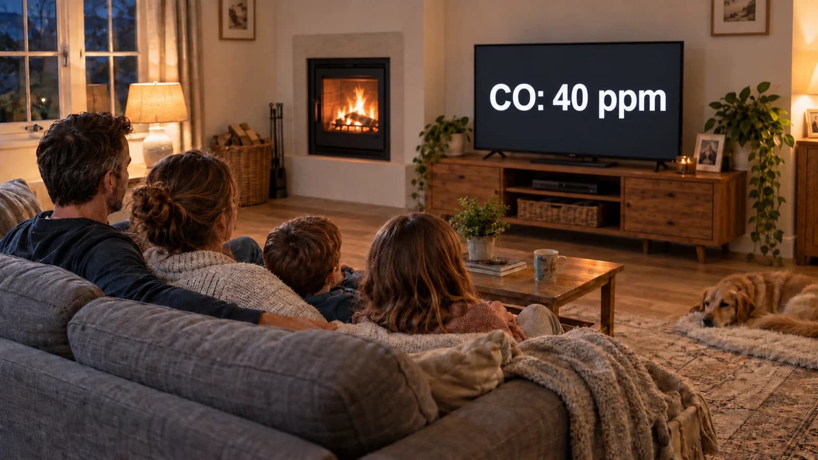 A family watching a fictional “CO: 40 ppm” readout on the television beside a fireplace