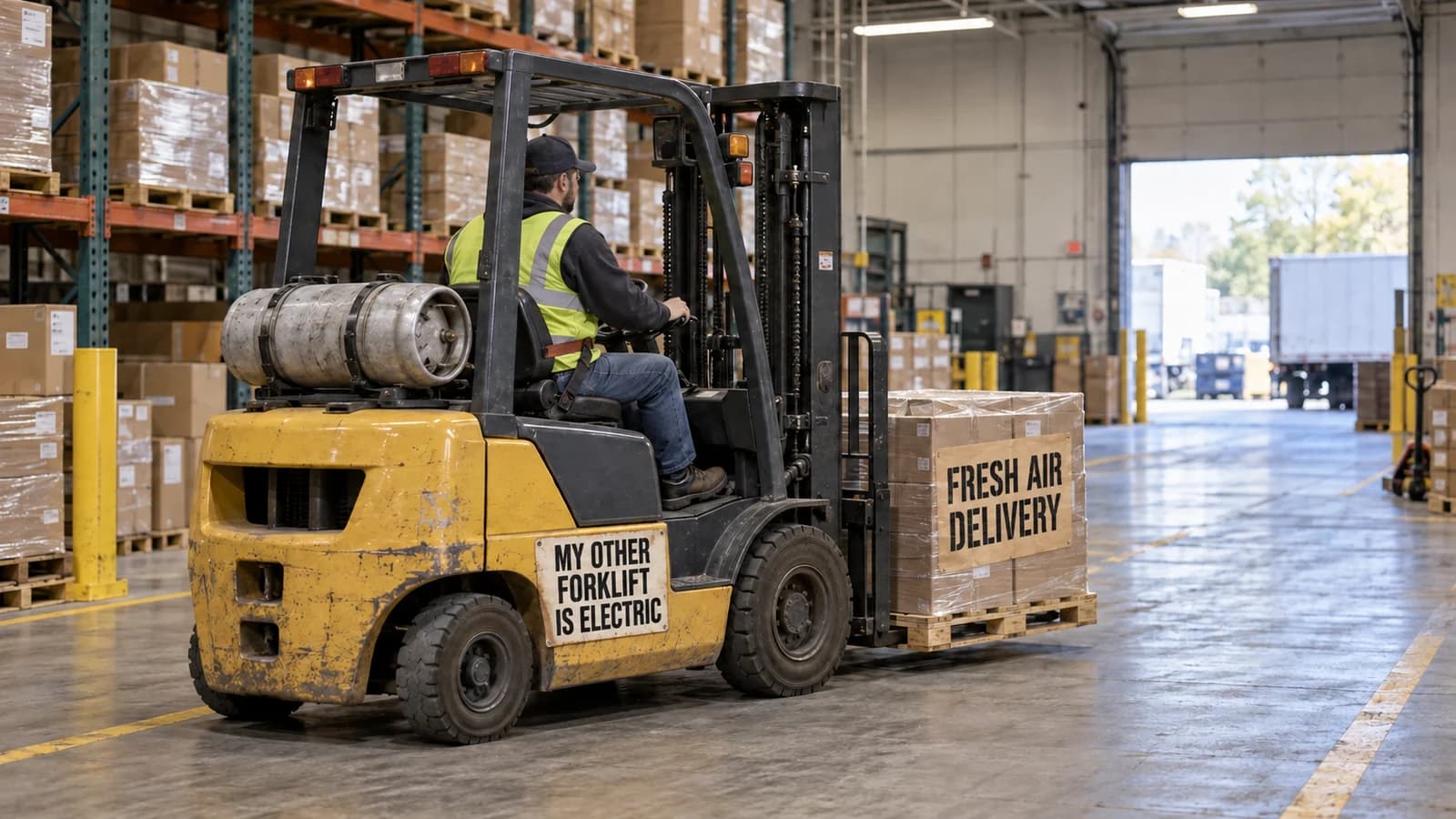 A gas-powered forklift with a “MY OTHER FORKLIFT IS ELECTRIC” sticker carrying cartons labelled “FRESH AIR DELIVERY”