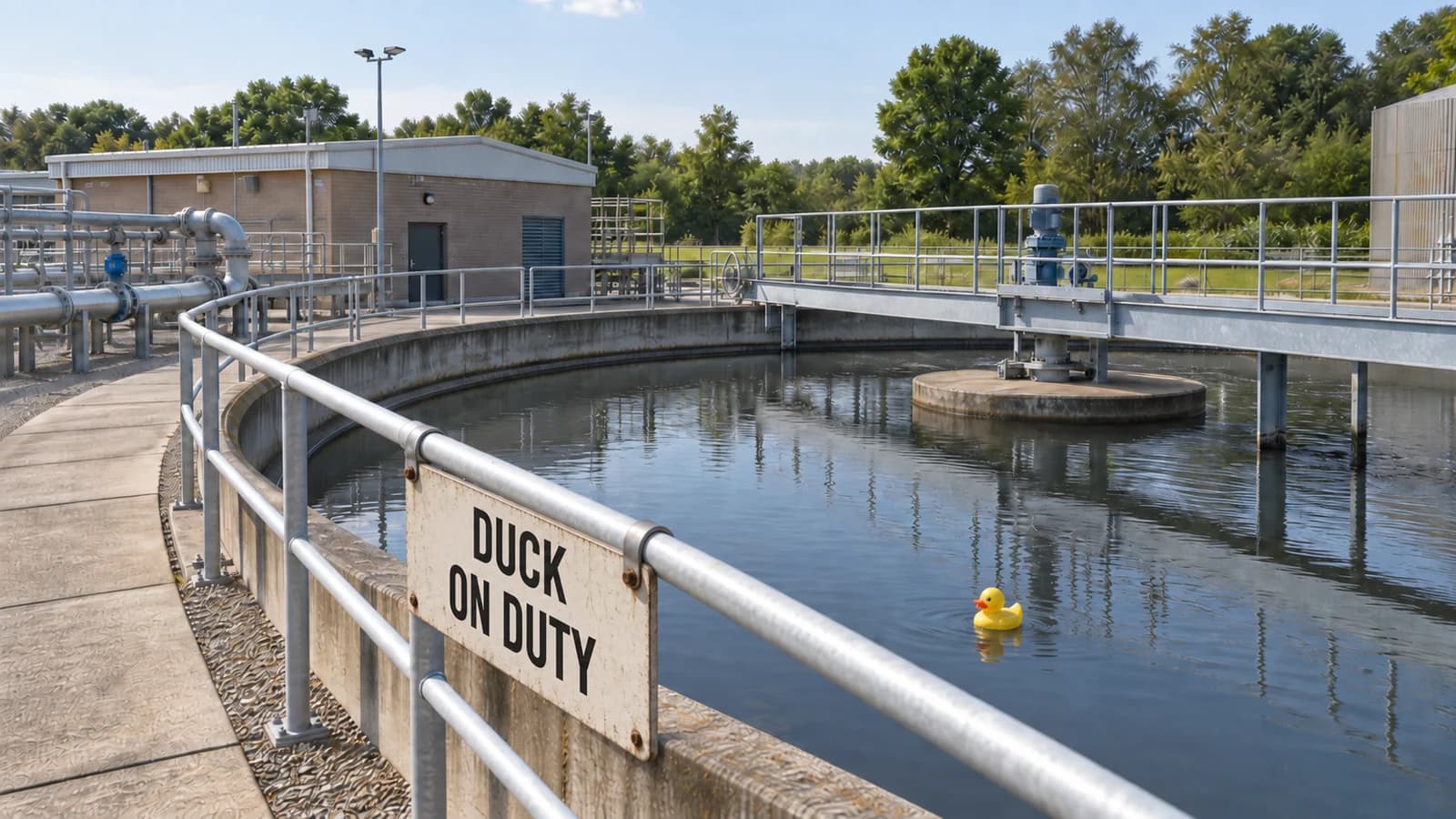 A wastewater treatment plant with a sign reading “DUCK ON DUTY” and a yellow rubber duck