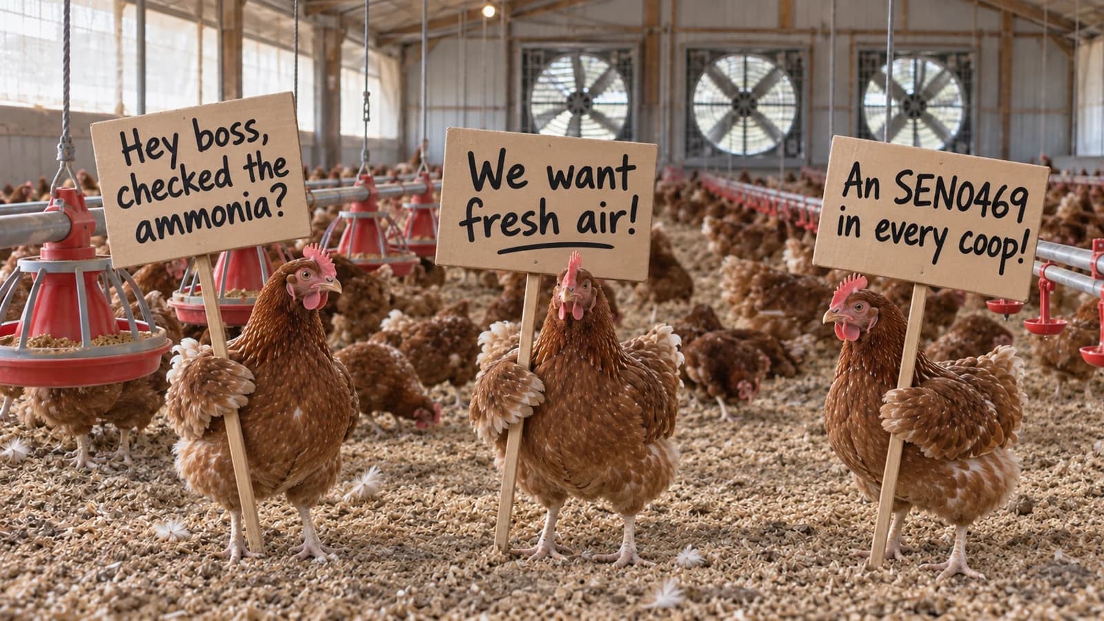 Three chickens holding “Hey boss, checked the ammonia?”, “We want fresh air!” and “An SEN0469 in every coop!” placards
