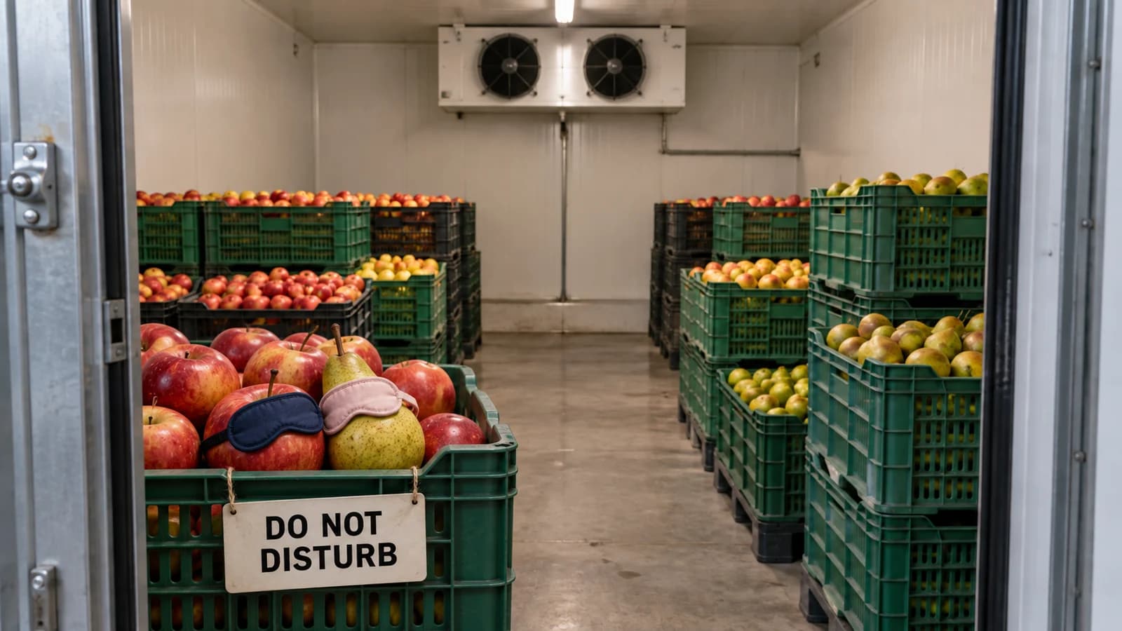 An apple and a pear wearing sleep masks in a cold-store crate with a “DO NOT DISTURB” sign