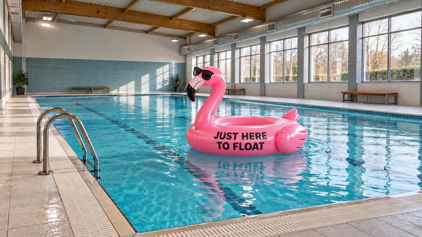 A pink inflatable flamingo wearing sunglasses and labelled “JUST HERE TO FLOAT” in an indoor swimming pool