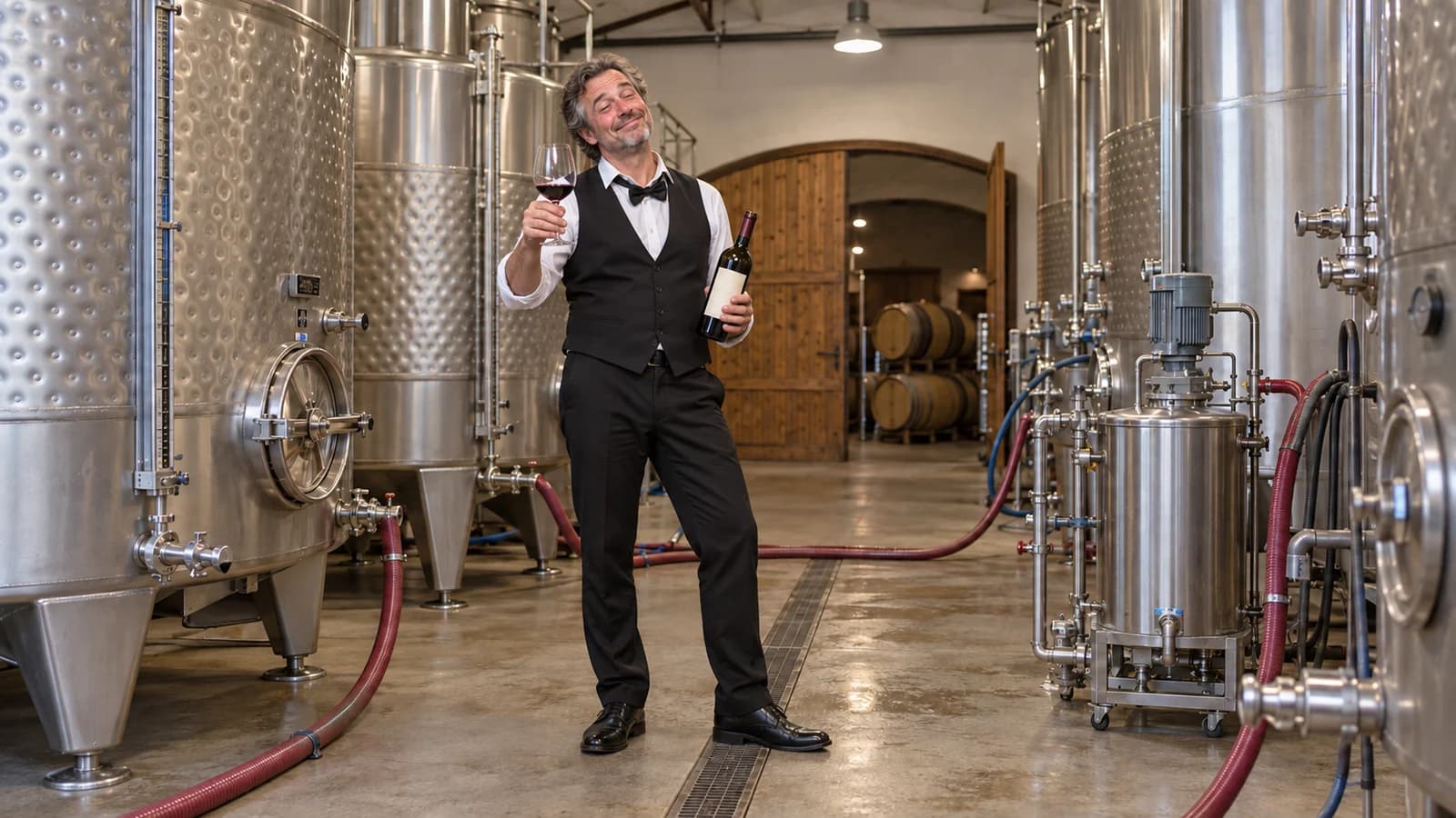 A cheerful, tipsy sommelier holding a wine bottle and raising a glass among the winery tanks