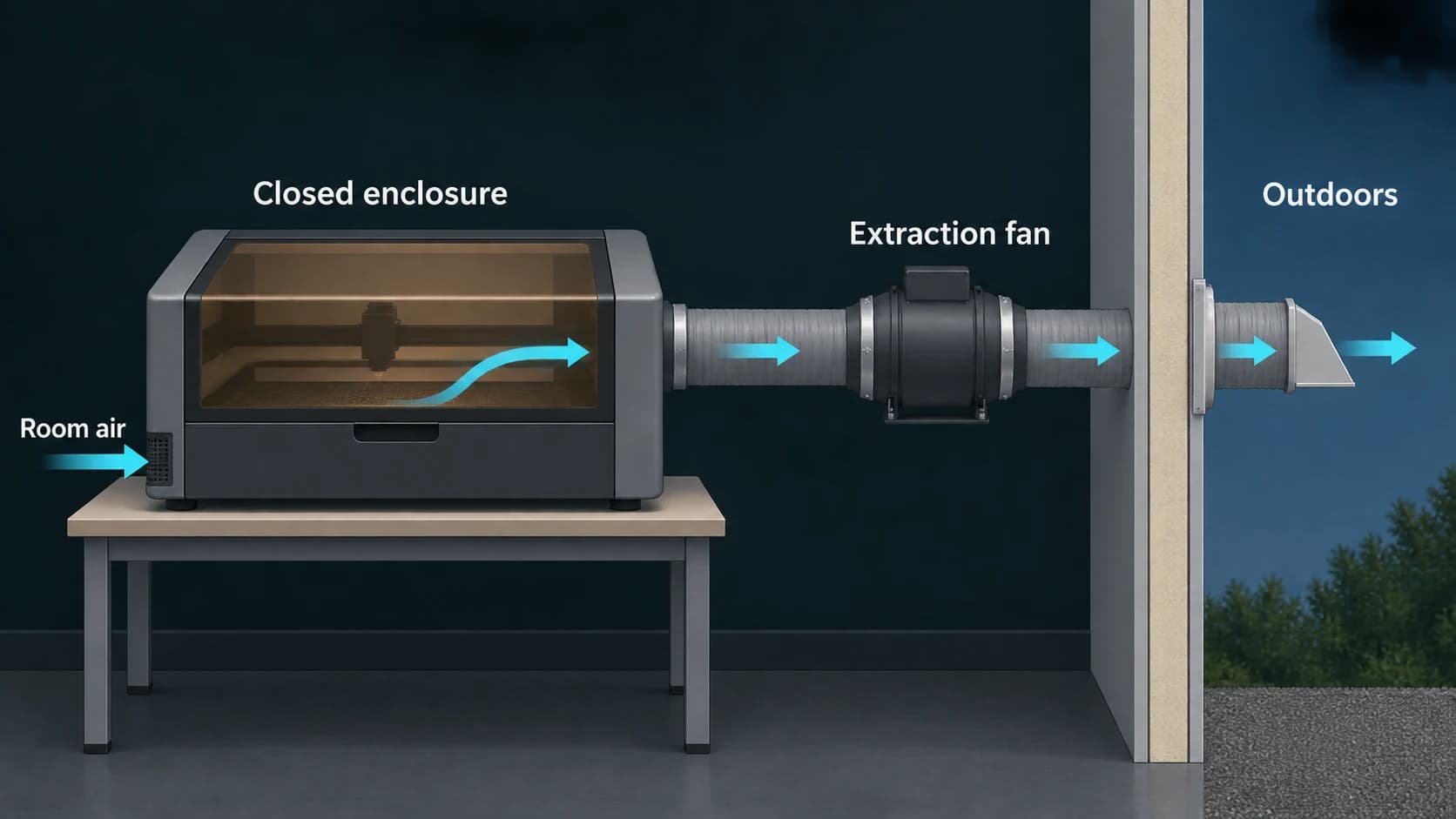 Air enters a closed laser enclosure, passes through a duct and extraction fan, and exits through an exterior wall.