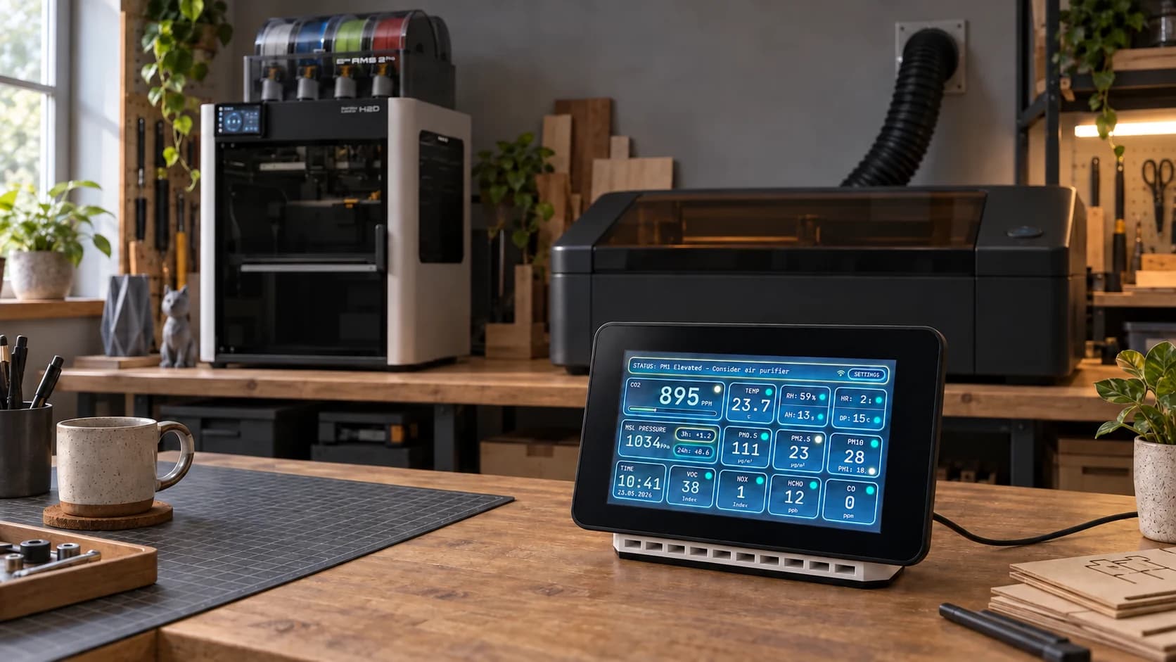 Aura AQ on a workbench, with a Bambu Lab H2D printer and an enclosed laser cutter behind it.