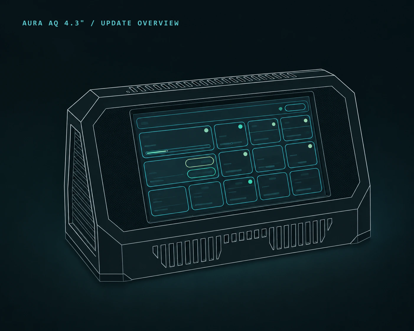 Line illustration of Aura AQ 4.3" in its printed enclosure