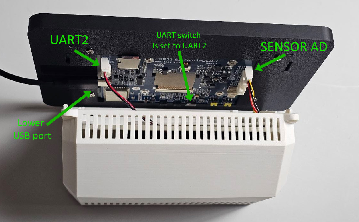 Aura 7-inch Adafruit wiring before power-on, with UART2 connector 7, Sensors AD connector 8 and the USB cable in lower port 5