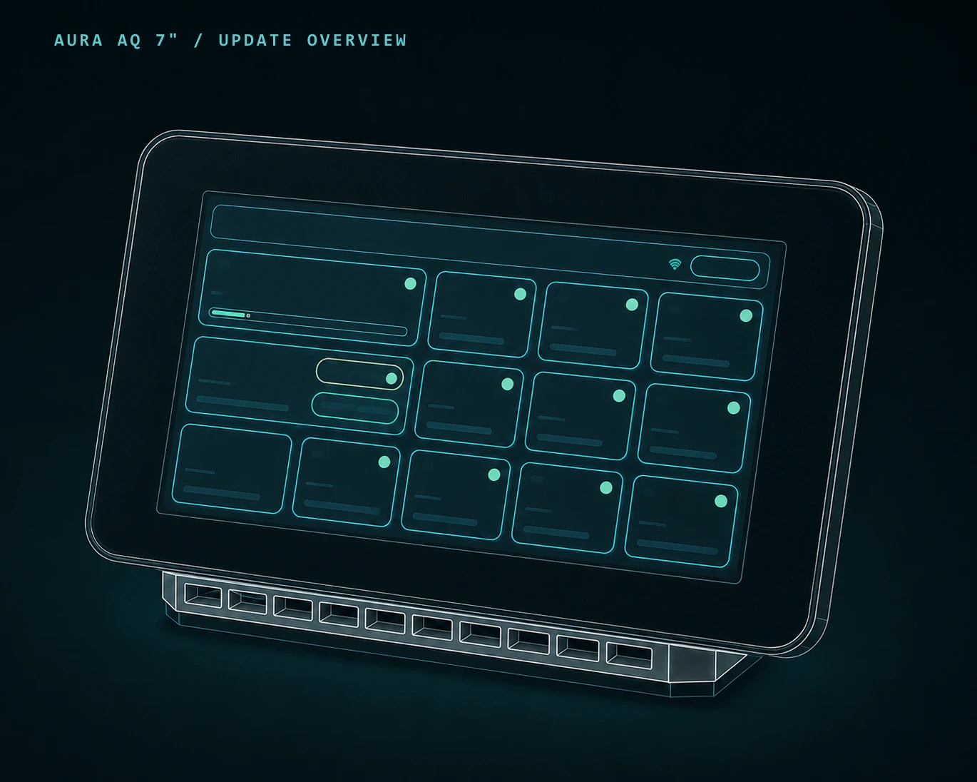 Technical line illustration of Aura AQ 7" in its printed enclosure