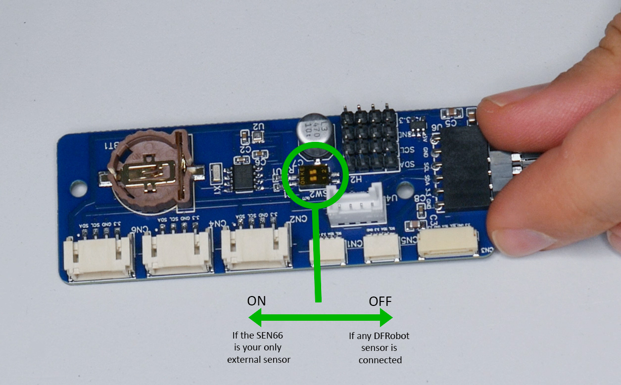 Aura PCB I²C pull-up switch positions for a SEN66-only configuration and configurations with a DFRobot I²C module, including the DAC