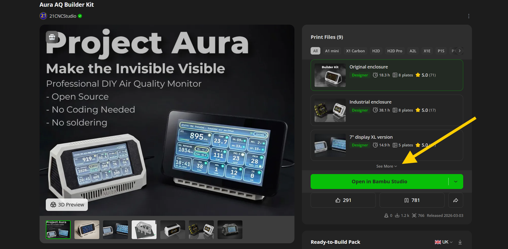 Aura AQ Builder Kit page on MakerWorld with the See More control highlighted for locating the Aura AQ 7" v1.2.0+ update print profile