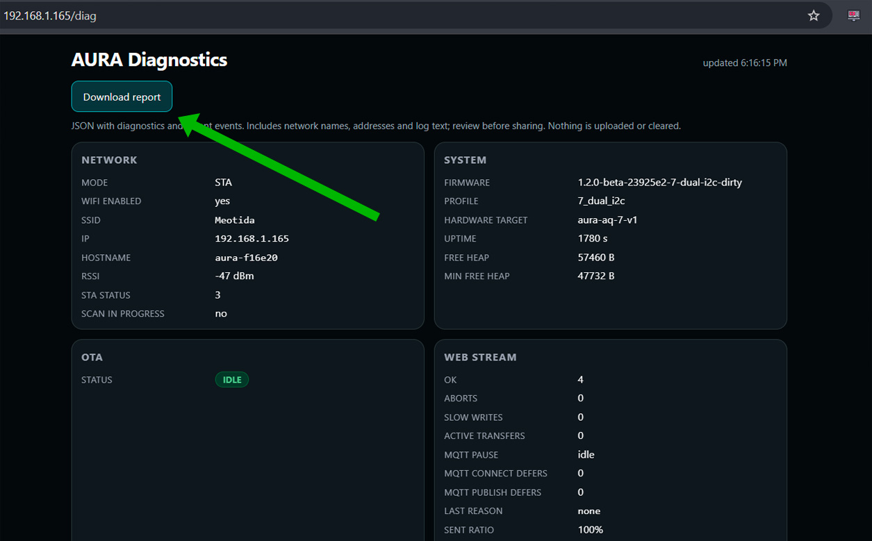 Aura Diagnostics page with the Download report button highlighted